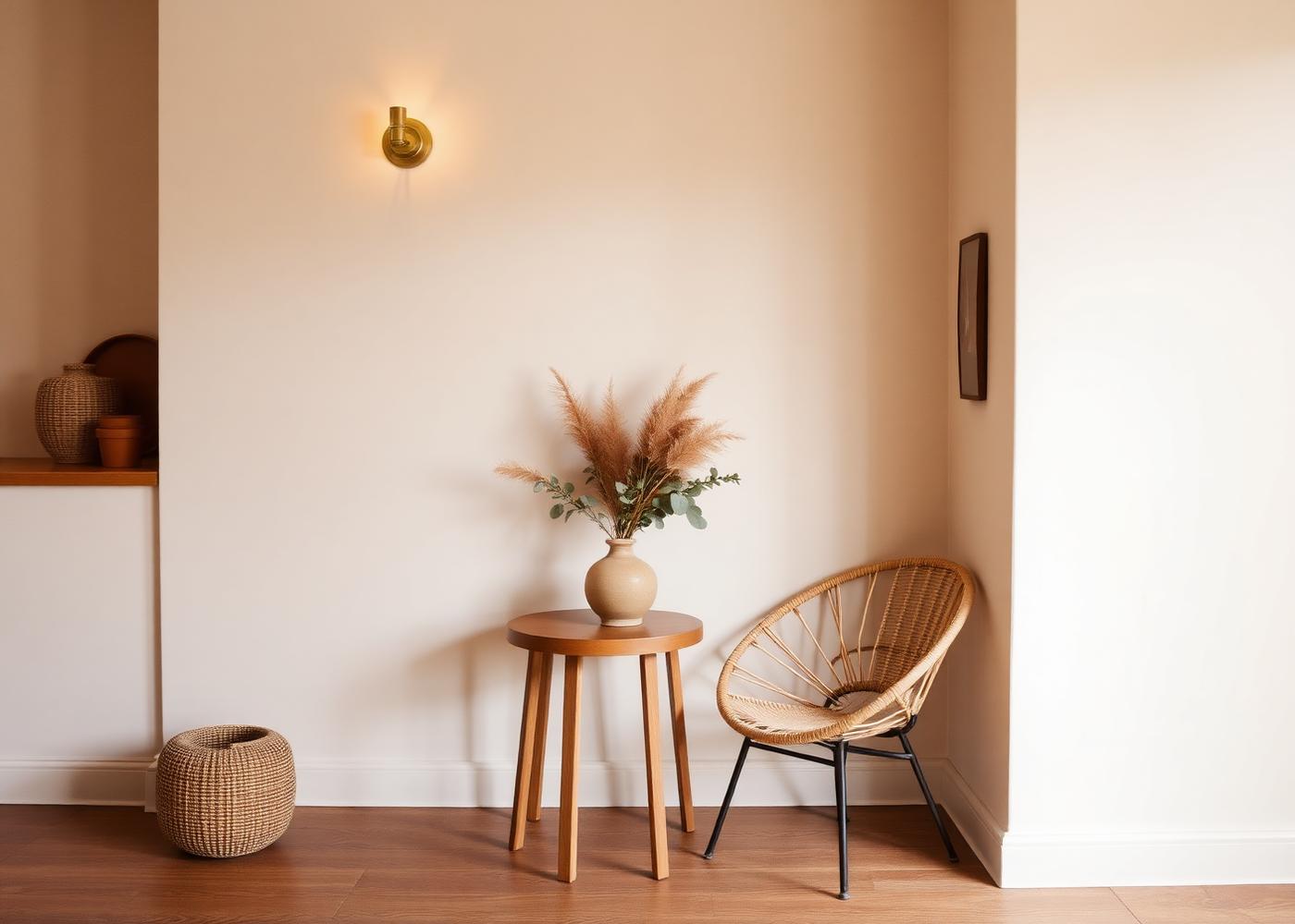 Warm reception nook with a ceramic vase of dried pampas and eucalyptus on a small round wooden table