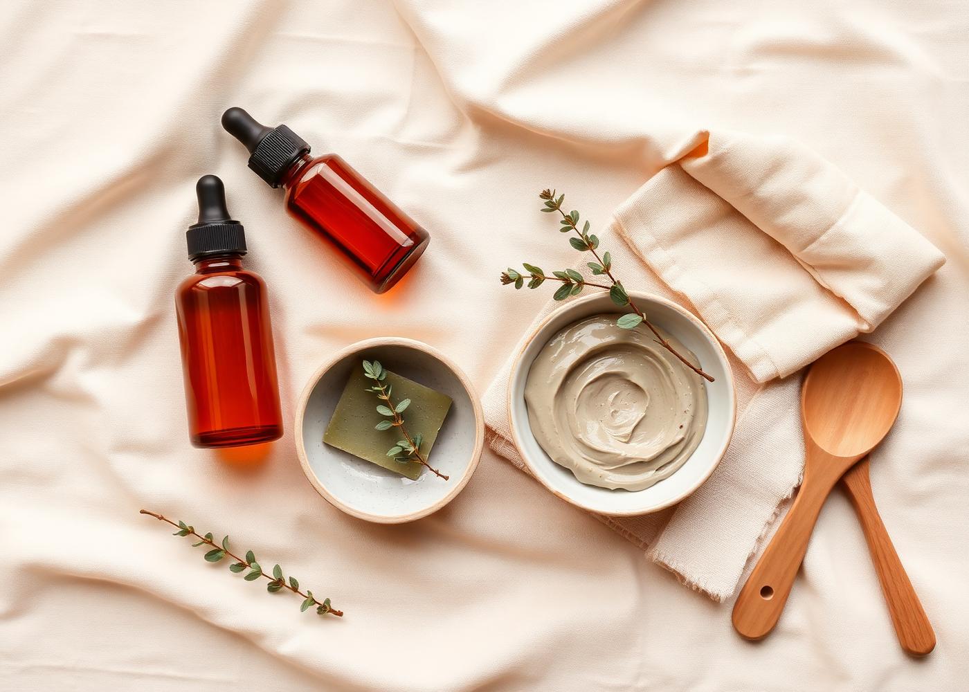 Flat lay of amber serum bottles, clay mask in a ceramic bowl, and dried eucalyptus on cream linen